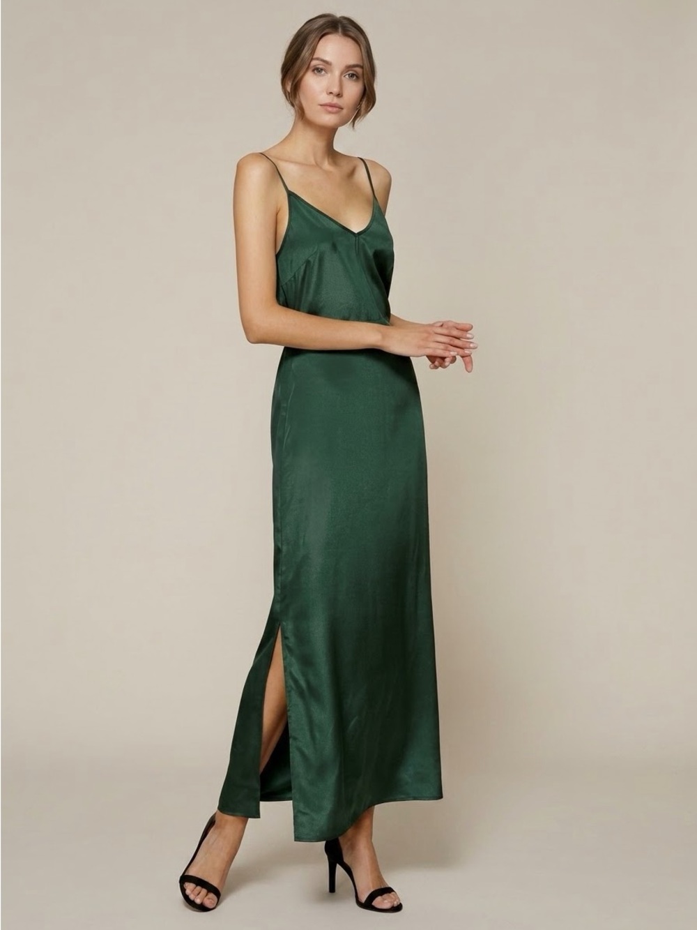 Amy Lynn Emerald Satin Slip Maxi Side Slit Spaghetti Straps Lace Back Sz Small